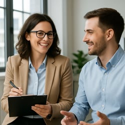 The image show a happy HR professional talking with a office employee The might be discussing next steps personal development and company perspectives