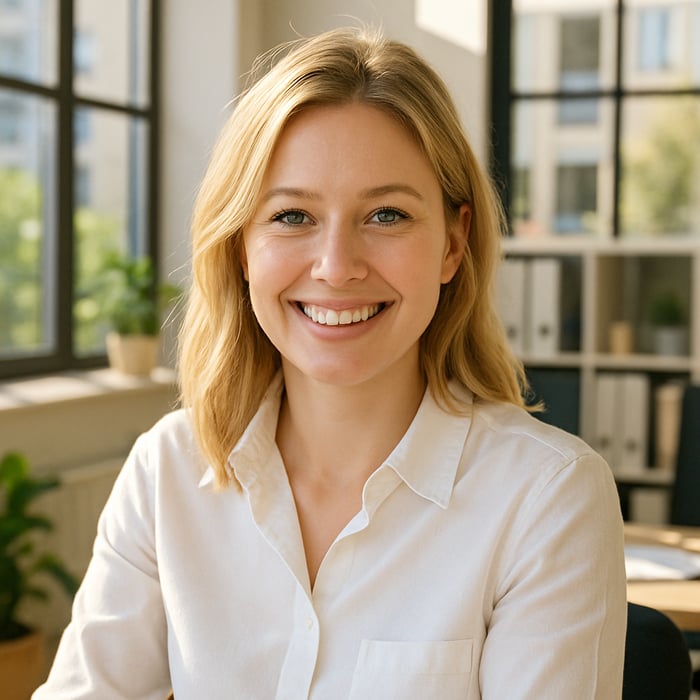 The picture is from a blond office employee in a sunny office environment who is looking directly at the camera and has a happy smile on her face-1