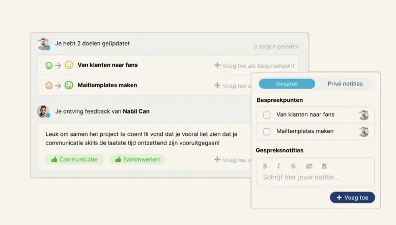 Het 1-op-1 scherm in Dialog: doelupdates en feedback als bespreekpunt, met gespreksnotities ernaast