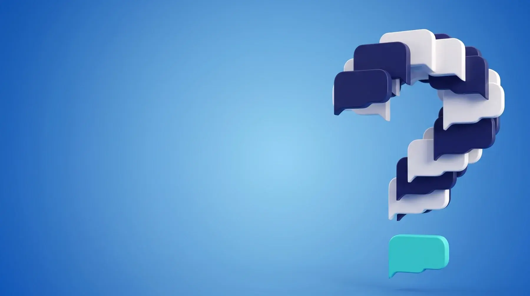 Een vraagteken opgebouwd uit Dialog-spreekwolken, de punt is een turquoise wolk, op blauw