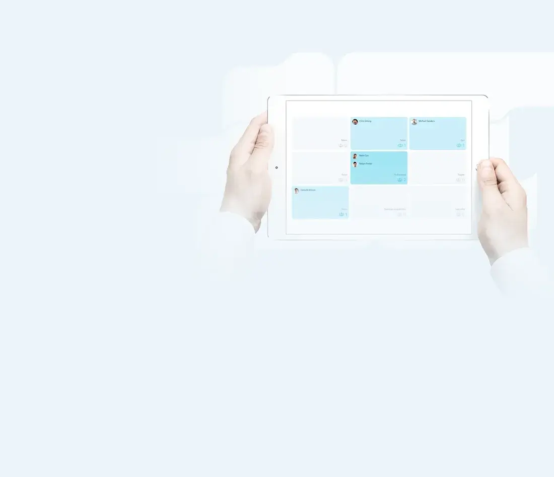 Dialog Talent op een tablet: de talent review als raster van negen vakken, met medewerkers ingedeeld op prestatie en potentieel