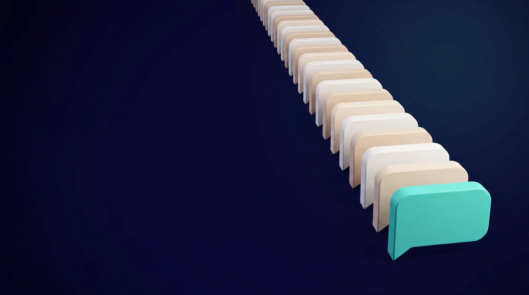 Een lange rij kleine Dialog-spreekwolken met vooraan één grote turquoise spreekwolk, op donkerblauw