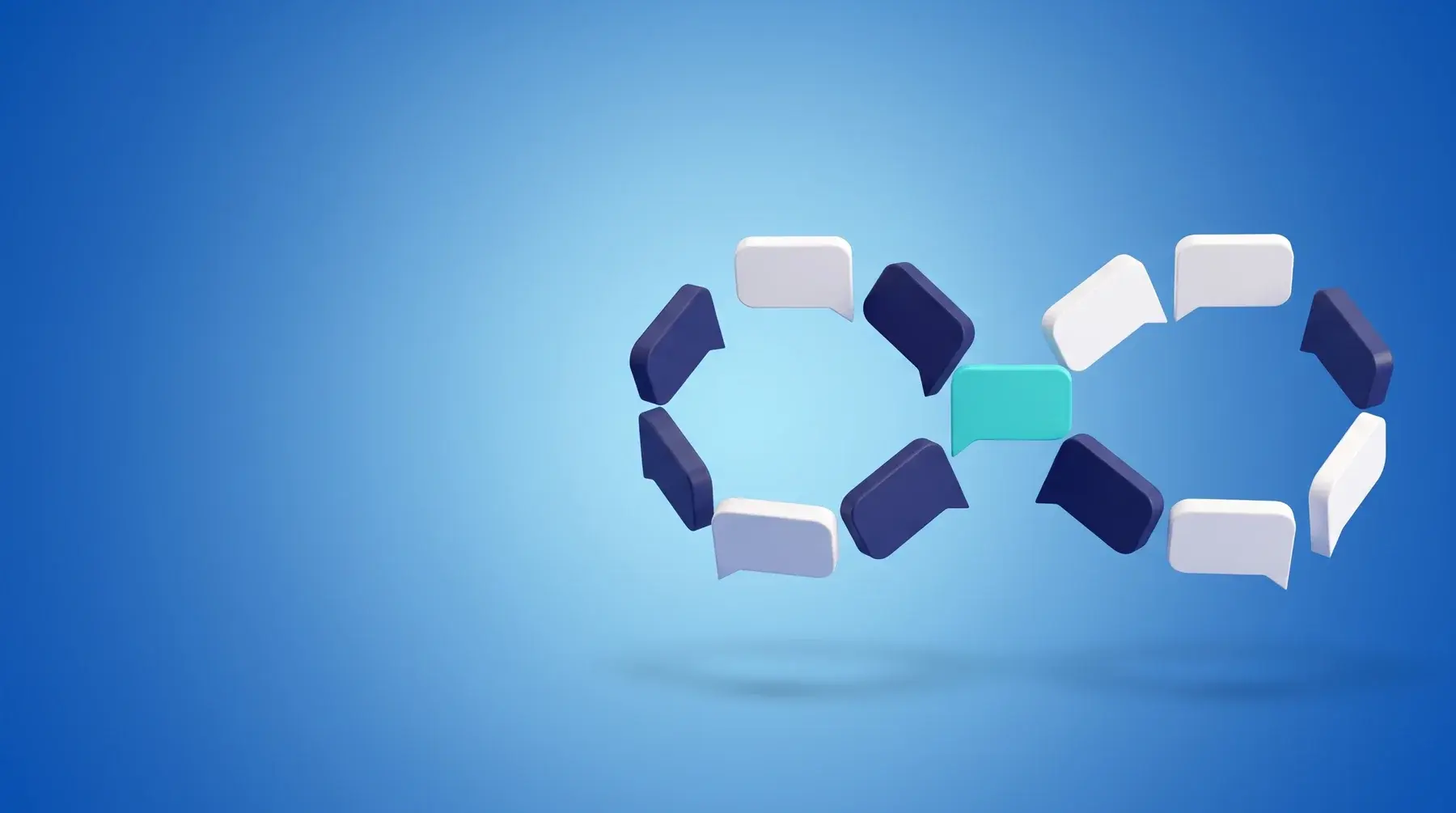 Dialog-spreekwolken in een doorlopende lus in de vorm van een liggende acht, met één turquoise gesprek in het midden, op blauw