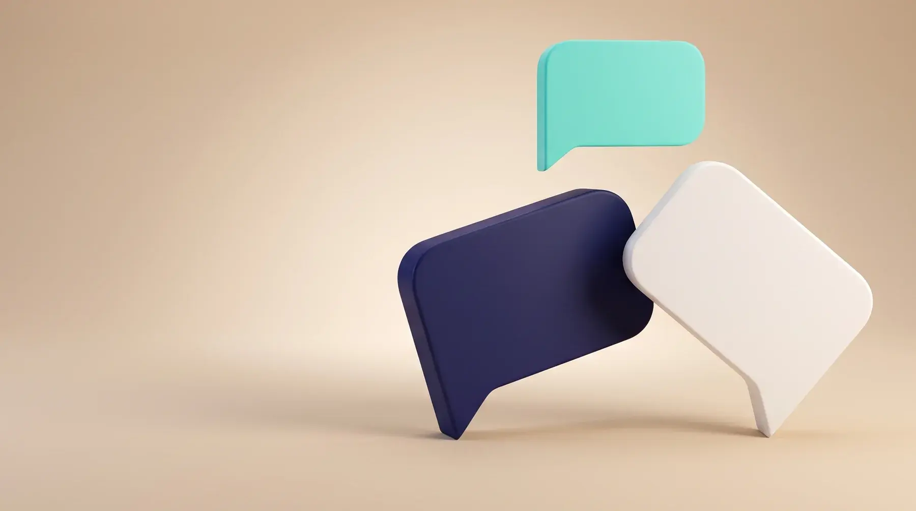 Een donkerblauwe en een witte Dialog-spreekwolk die rustig tegen elkaar leunen, met een kleine turquoise wolk erboven, op beige