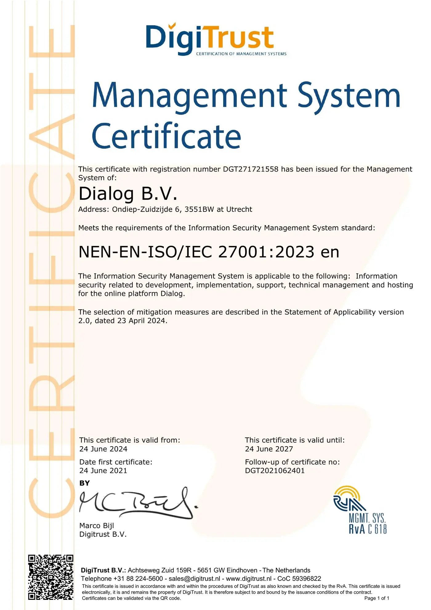 Het ISO 27001-certificaat van Dialog B.V., uitgegeven door DigiTrust