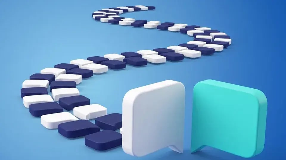Een slingerend pad van kleine Dialog-spreekwolken naar twee grote wolken in gesprek, een witte en een turquoise, op blauw