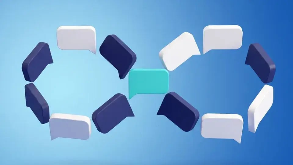 Dialog-spreekwolken in een doorlopende lus in de vorm van een liggende acht, met één turquoise gesprek in het midden, op blauw