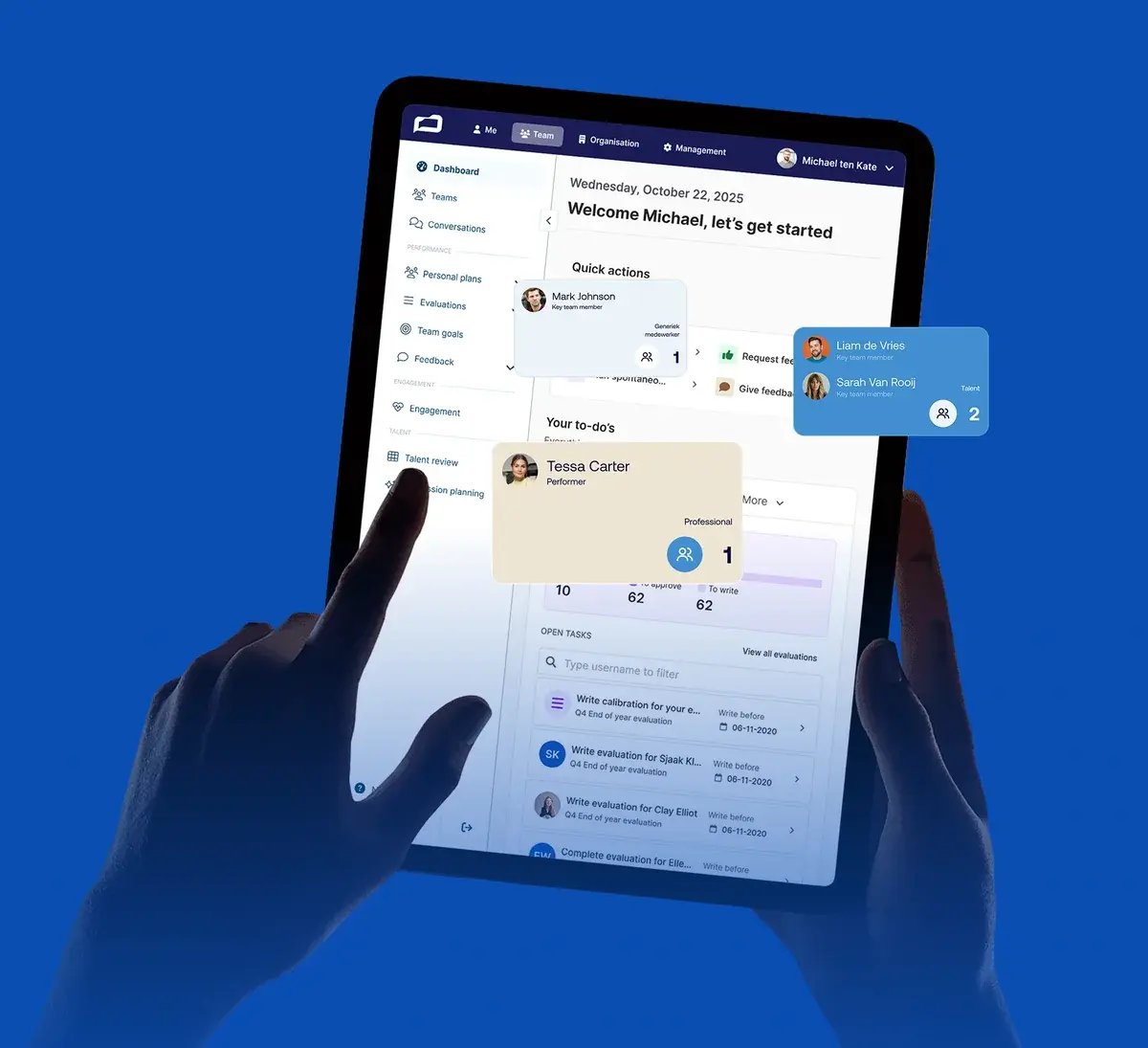 Dialog op een tablet: het startscherm met snelle acties en openstaande taken