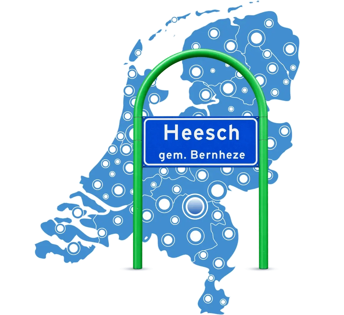 Het plaatsnaambord Heesch, gemeente Bernheze, voor een kaart van Nederland vol gemeentes