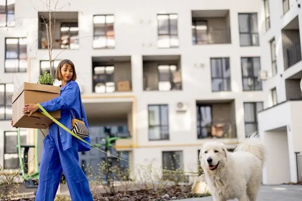 Een vrouw met verhuisdozen en een hond loopt naar een woongebouw