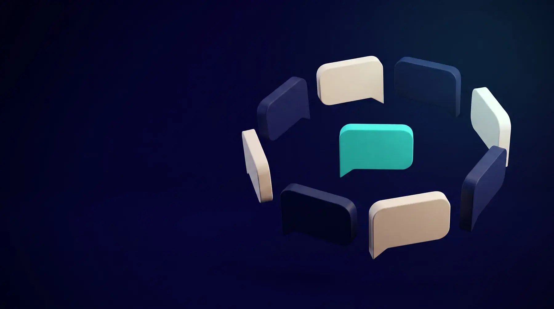 Dialog-spreekwolken in een kring rond één turquoise gesprek